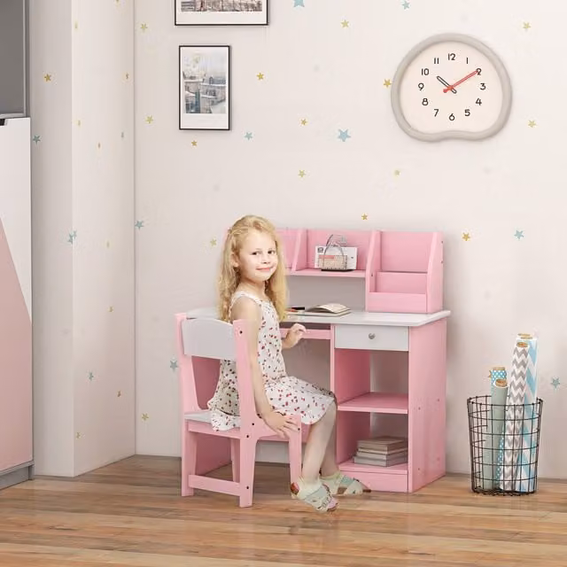 ZONEKIZ 2 Piece Kids Desk and Chair Set with Storage in Pink