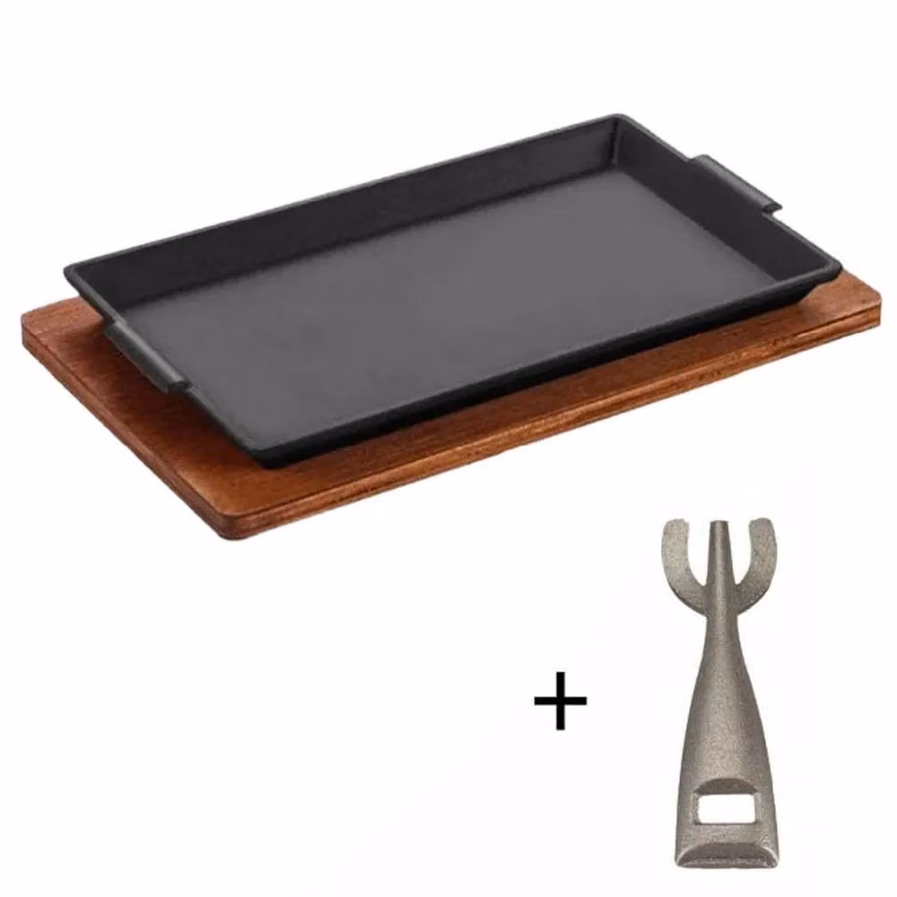 VOGREX 11 inch Rectangle Cast Iron Sizzle Plate with Base, Black – 2