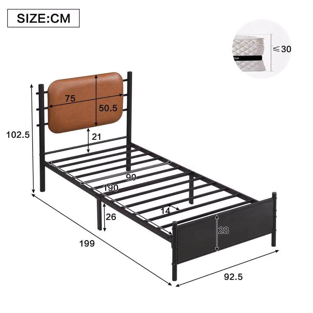 Rolipo Single Metal Bed Frame with Black PU Headboard, W/D/H: 90 x 190 x 102.5 cm – 3