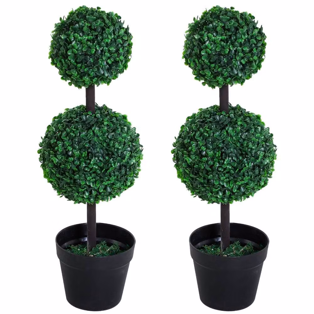 Wyld Haus Tonami Set of 2 Green Artificial Boxwood Ball Topiary Trees in Black Pots – 2