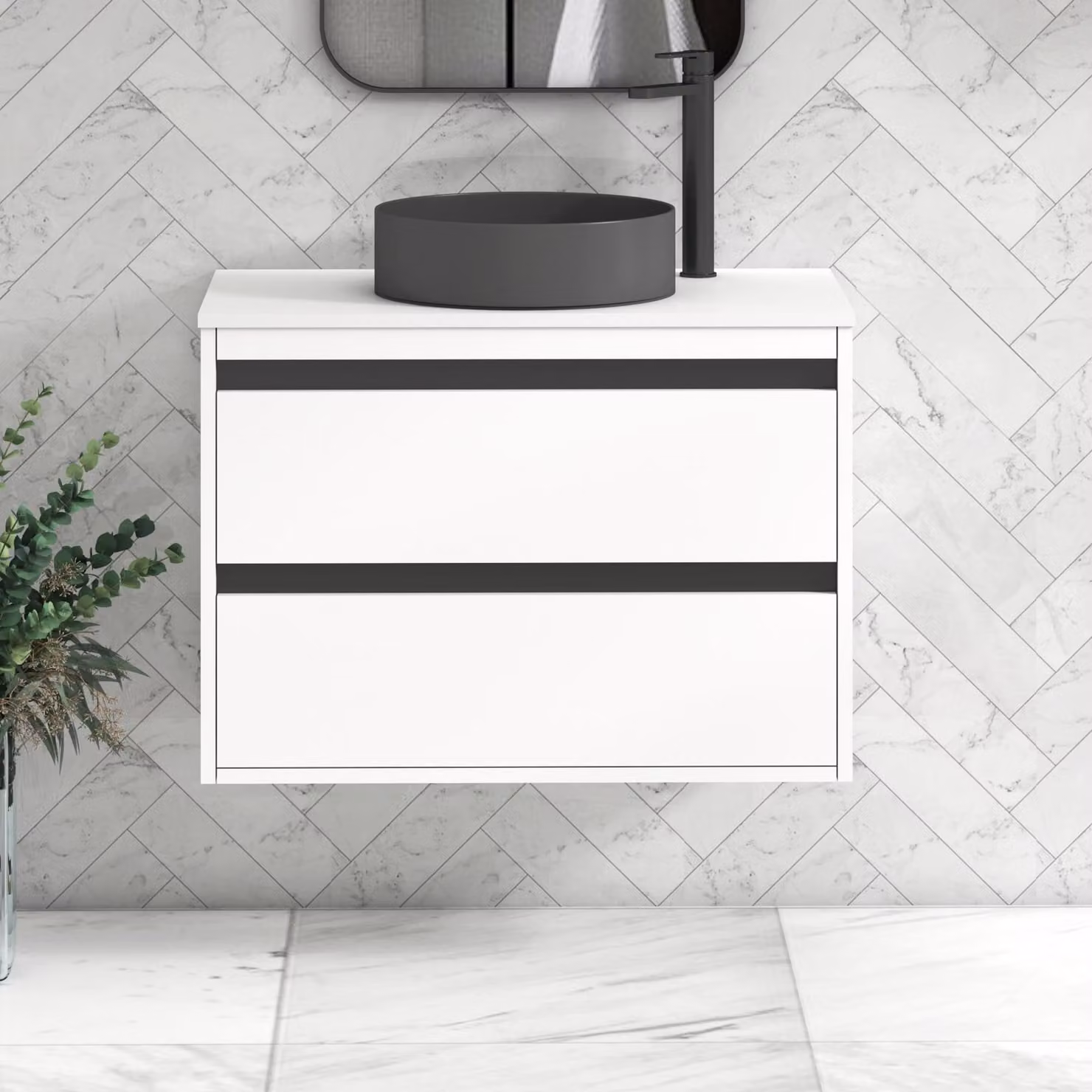 Royal Bathrooms Orion 800mm Matt White Wall Hung 2 Drawer Vanity Unit with Art Round Basin and Black Accent Trim