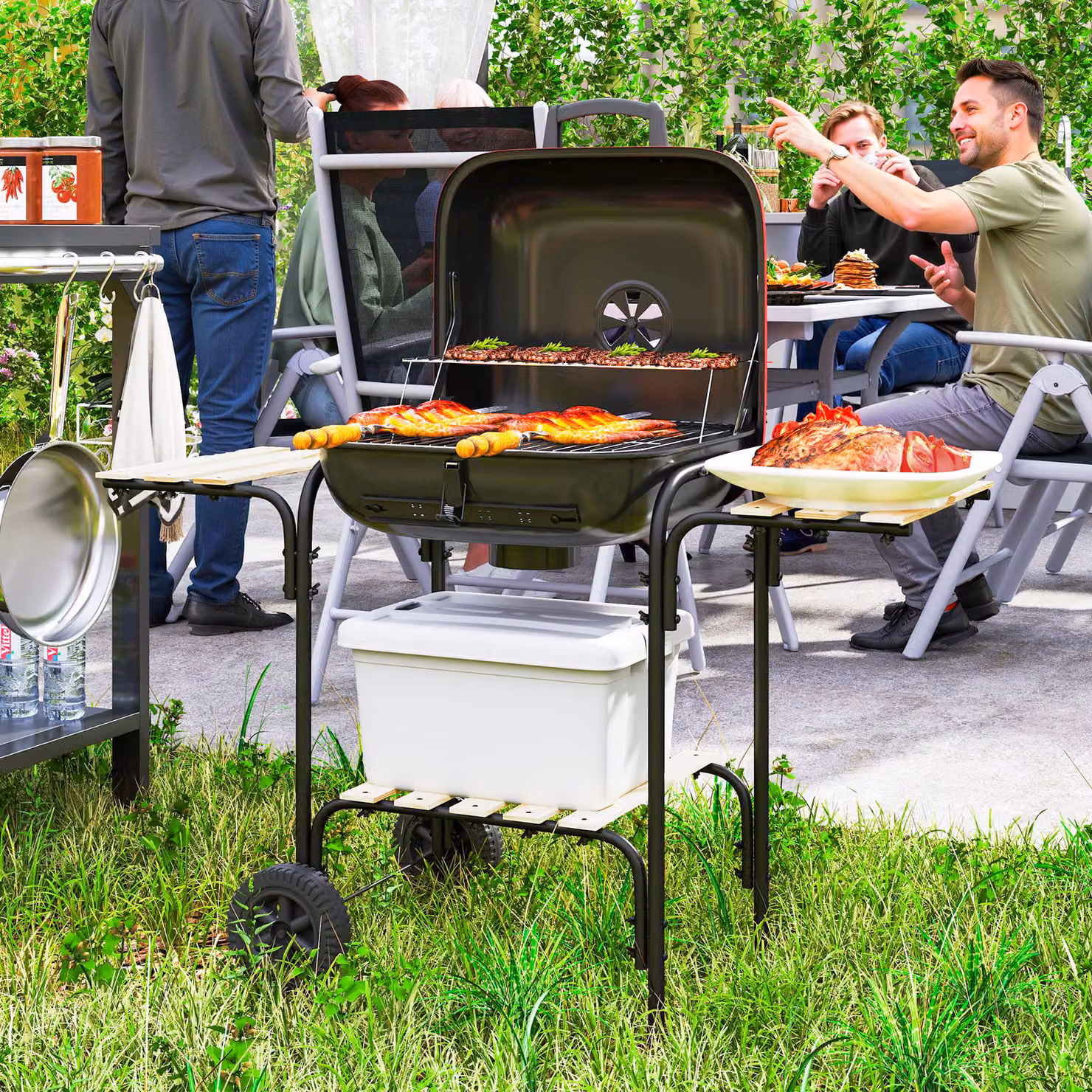 Outsunny Red Charcoal Barbecue Grill with 1840 cm² Cooking Area, Warming Rack and Wheels – 2