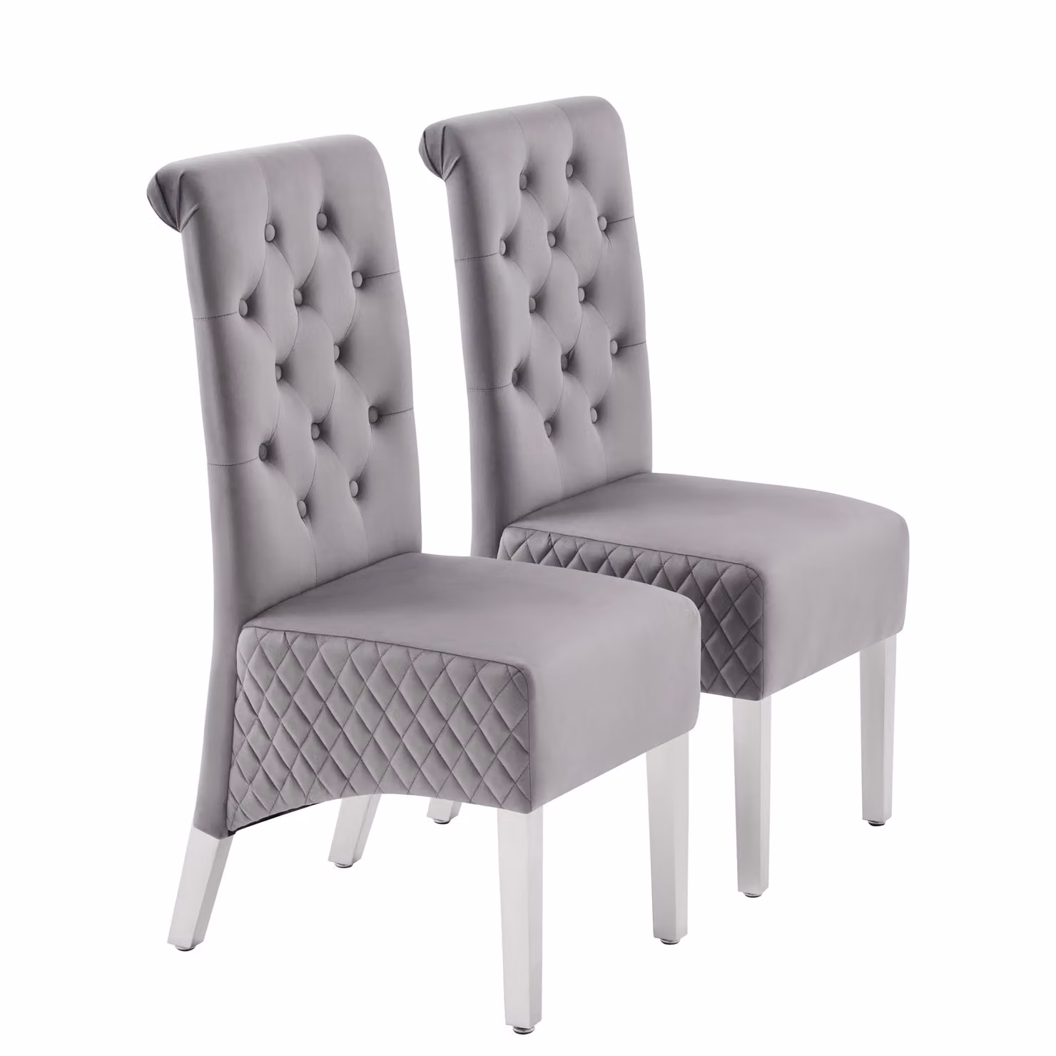 Modernique Pair of Grey Velvet Tufted High Back Dining Chairs with Chrome Legs – 2