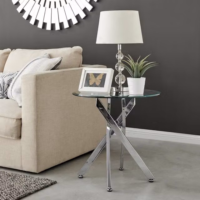 FurnitureboxUK Novara Round Tempered Glass Side Table with Silver Metal X-Frame Legs – 1