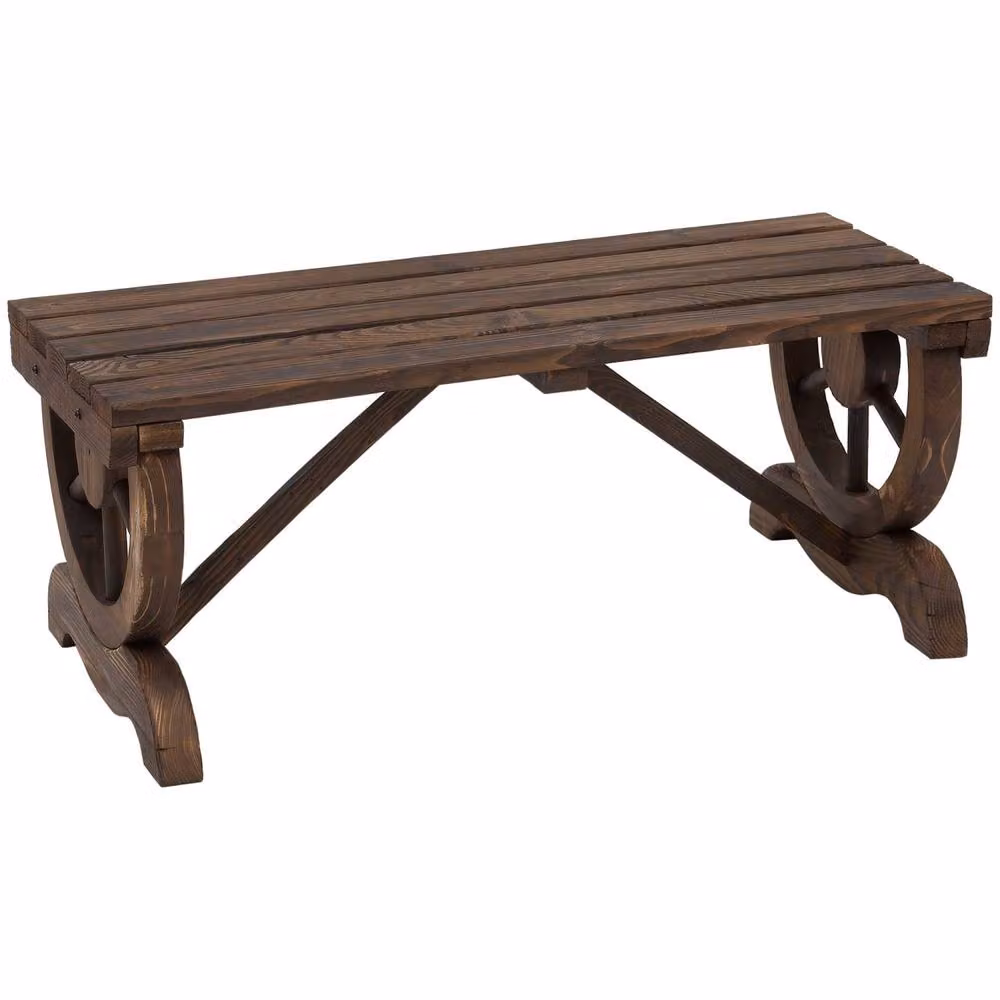 Wyld Haus Vini Rustic Fir Wood 2 Seater Garden Bench with Wagon Wheel Legs in Brown – 2