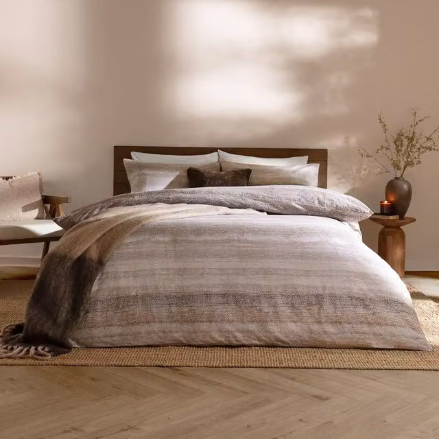 Yard Swift Striped Reversible 100% Cotton Duvet Cover Set in Beige, W: 140 cm x H: 200 cm
