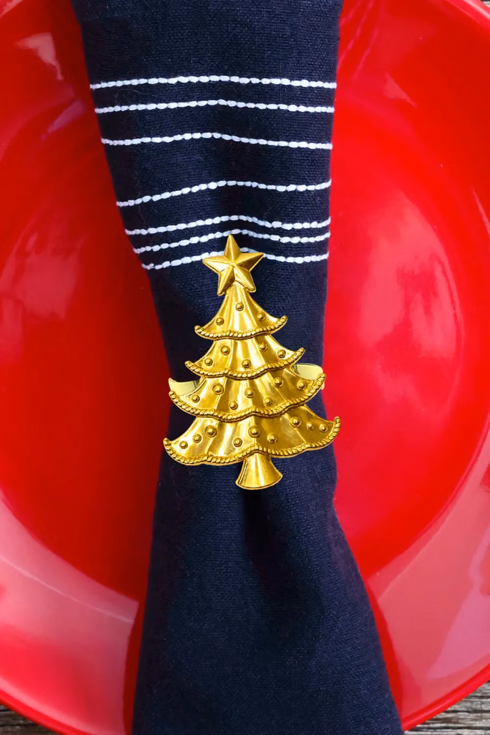 Neel Blue Gold Star-Topped Christmas Tree Napkin Rings, 6-Piece Metal Set – 5