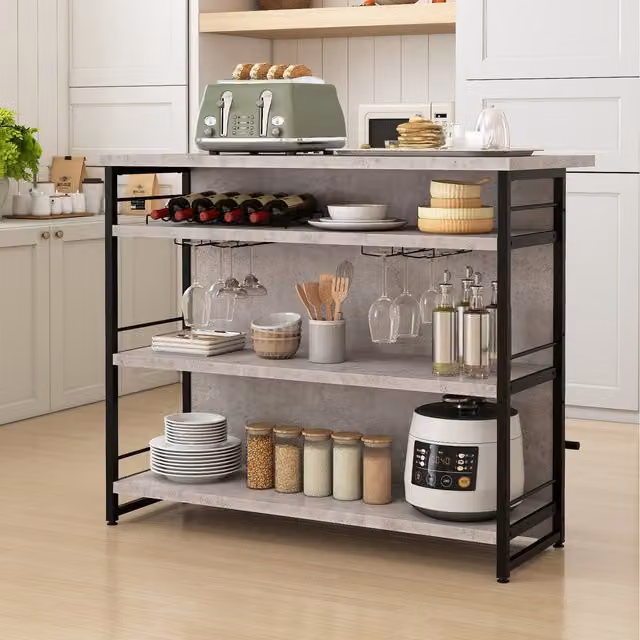 COSTWAY Industrial Home Bar Unit with 3 Open Shelves in Grey and Black