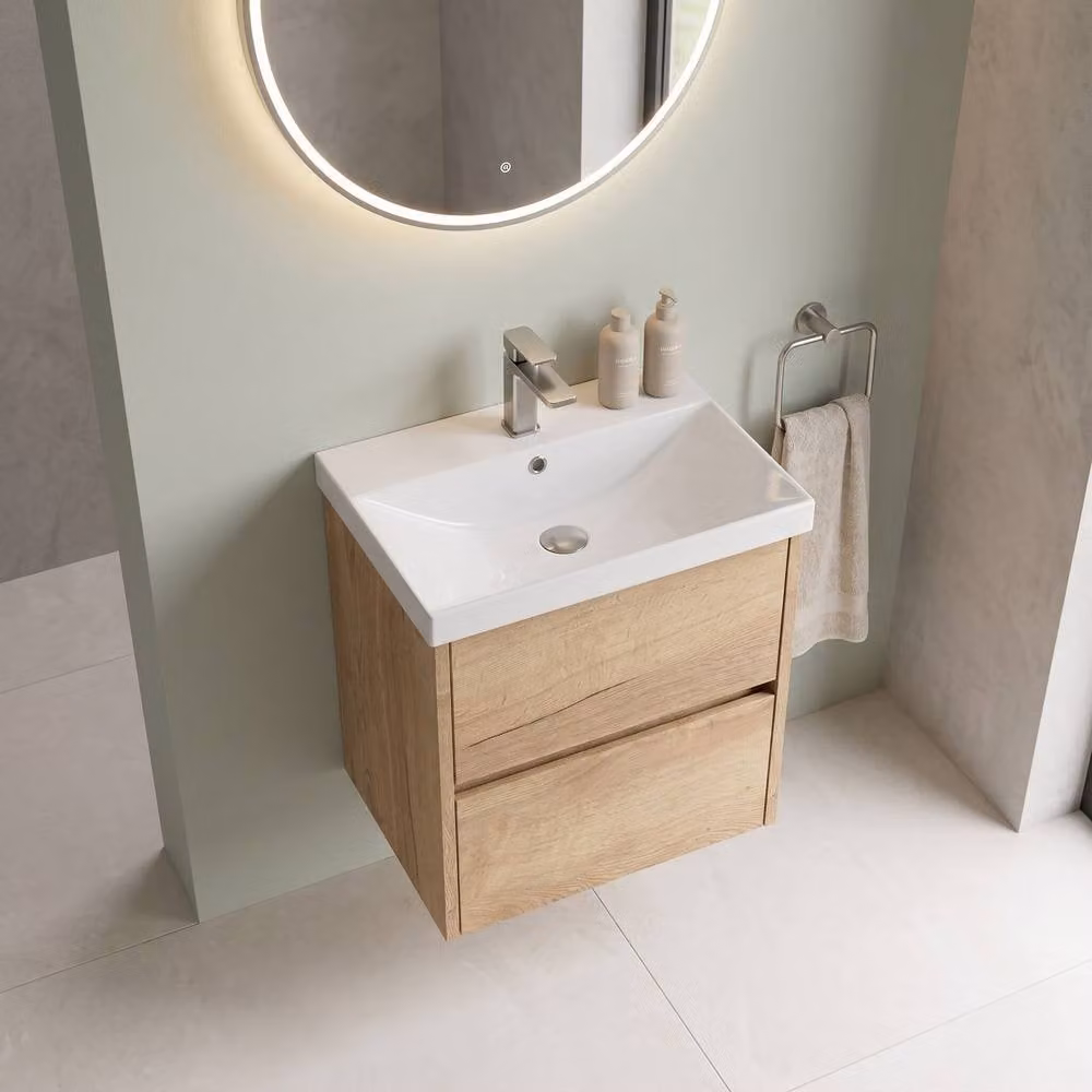 Balterley Chartley 2 Drawer Wall Hung Vanity Basin Unit in Autumn Oak Brown, Width: 50 cm – 2