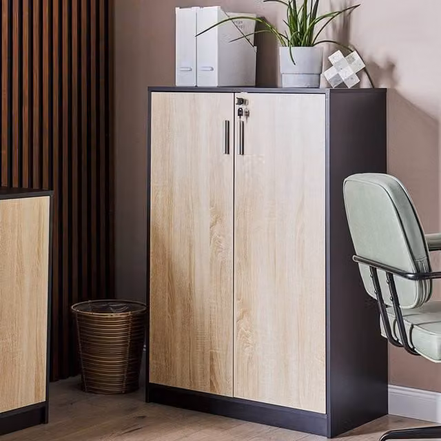 Wyld and Coco Brown Modern Lockable Storage Cabinet with Adjustable Shelves, W: 80 cm, D: 40 cm, H: 117 cm