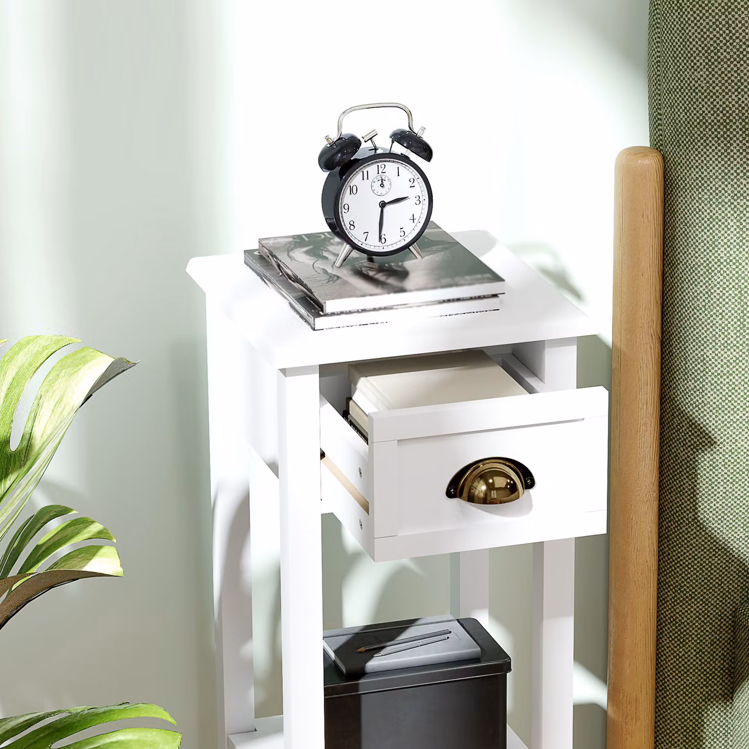 HOMCOM Set of 2 Modern 2-Tier Side Tables in White with Drawer and Shelf – 5