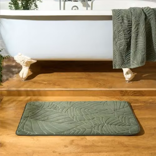 OHS Memory Foam Leaf Embossed Bathroom Mat, Green, W: 75 cm, D: 45 cm – 2