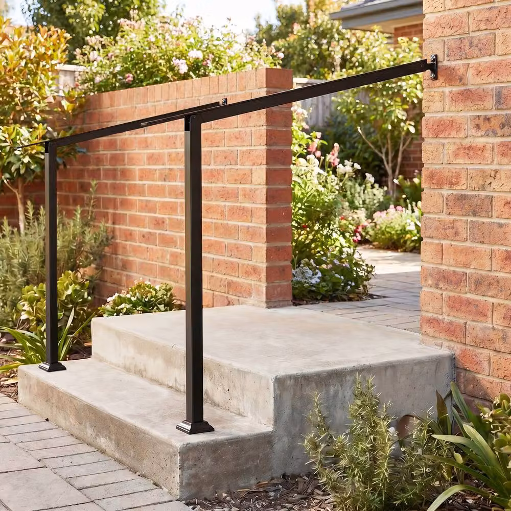 Gymax Adjustable 2-Step Wall Mounted Outdoor Stair Handrail in Black Galvanised Steel – 8