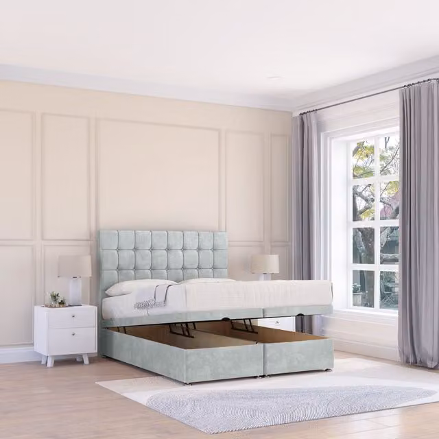Sloomy Alabama Naples King Size Fabric Ottoman Bed in Silver with 26 Inch Strut Headboard and Hybrid Memory Mattress W/D/H: 180 x 200 cm
