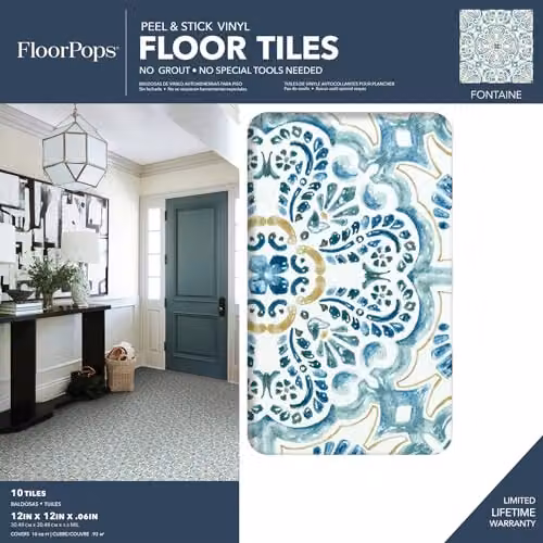 WallPops FP2477 Fontaine Blue Peel and Stick Mediterranean Style Floor Tiles, Set of 10, W/D/H: 30.48 x 30.48 x 0.25 cm – 2