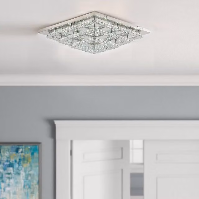 Livingandhome Crystal LED Semi Flush Ceiling Light in Silver and Chrome, Diameter: 60 cm