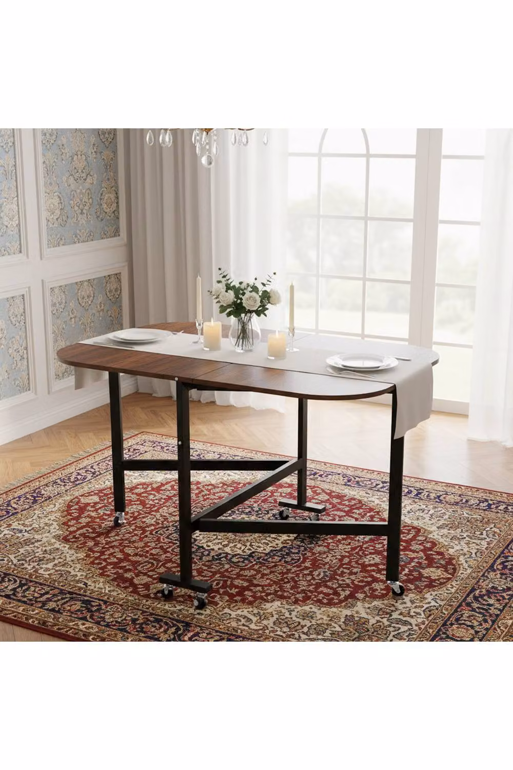 Living and Home Modern Rectangular Folding Drop Leaf Table with Castors in Dark Brown – 2