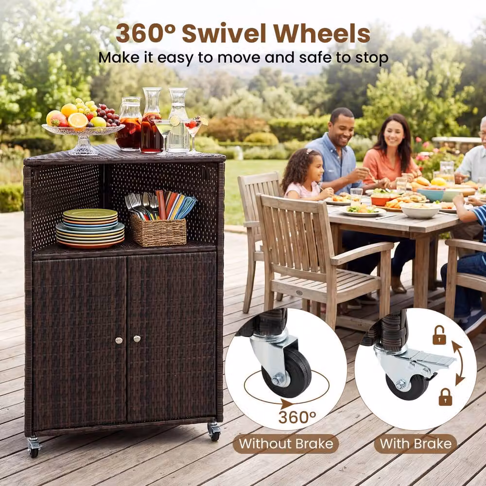 Costway Brown PE Rattan Corner Outdoor Storage Cabinet and Bar Cart with Shelves and Hinged Doors – 5