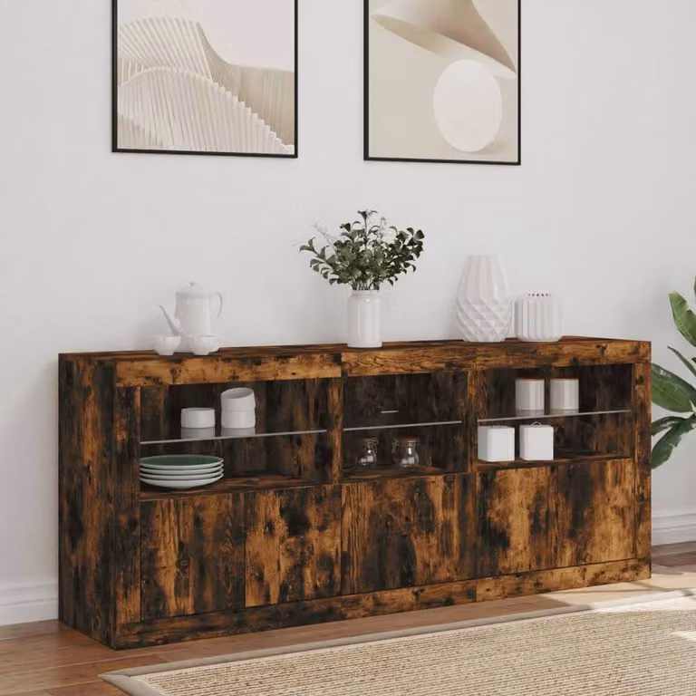 Berkfield Home Modern Sideboard with Integrated LED Lights in Smoked Oak Brown, W: 162 cm, D: 37 cm, H: 67 cm