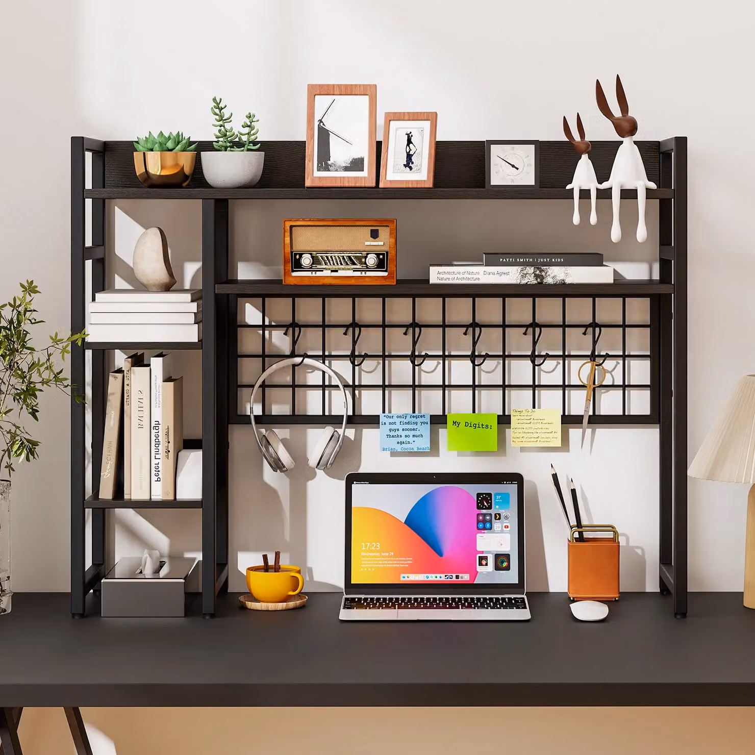 Gymax 4-Tier Metal Desk Shelf with Black Grid Panel and Matt Finish – 3