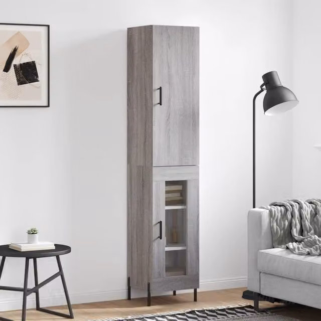 Berkfield Home Grey Sonoma Highboard with Glass Doors, W/D/H: 34.5 x 34 x 180 cm