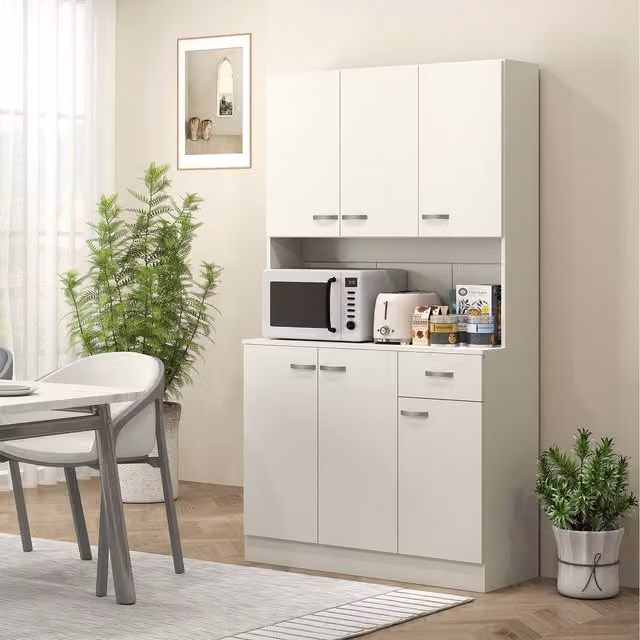HOMCOM Modern Freestanding Kitchen Tall Unit with Hinged Doors, Drawers and Open Shelves in White and Silver