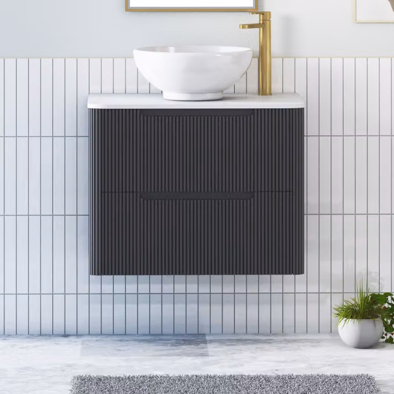 Royal Bathrooms Avenza Matt Obsidian Black Wall Hung Vanity Unit with 2 Drawers and Plain White Worktop
