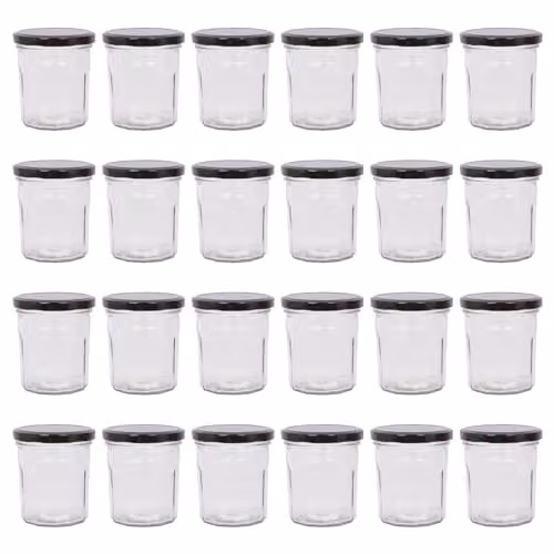 Argon Tableware Set of 24 Transparent Glass Jam Jars with Airtight Black Metal Lids, 250ml – 1