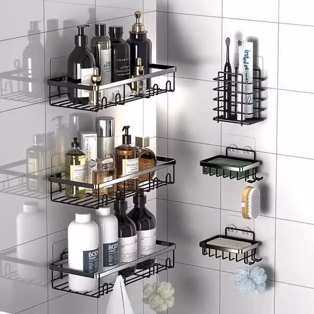 KORVIXA 6-Piece Stainless Steel Wall-Mountable Shower Caddy Set in Black with Soap Dish and Toothbrush Holder