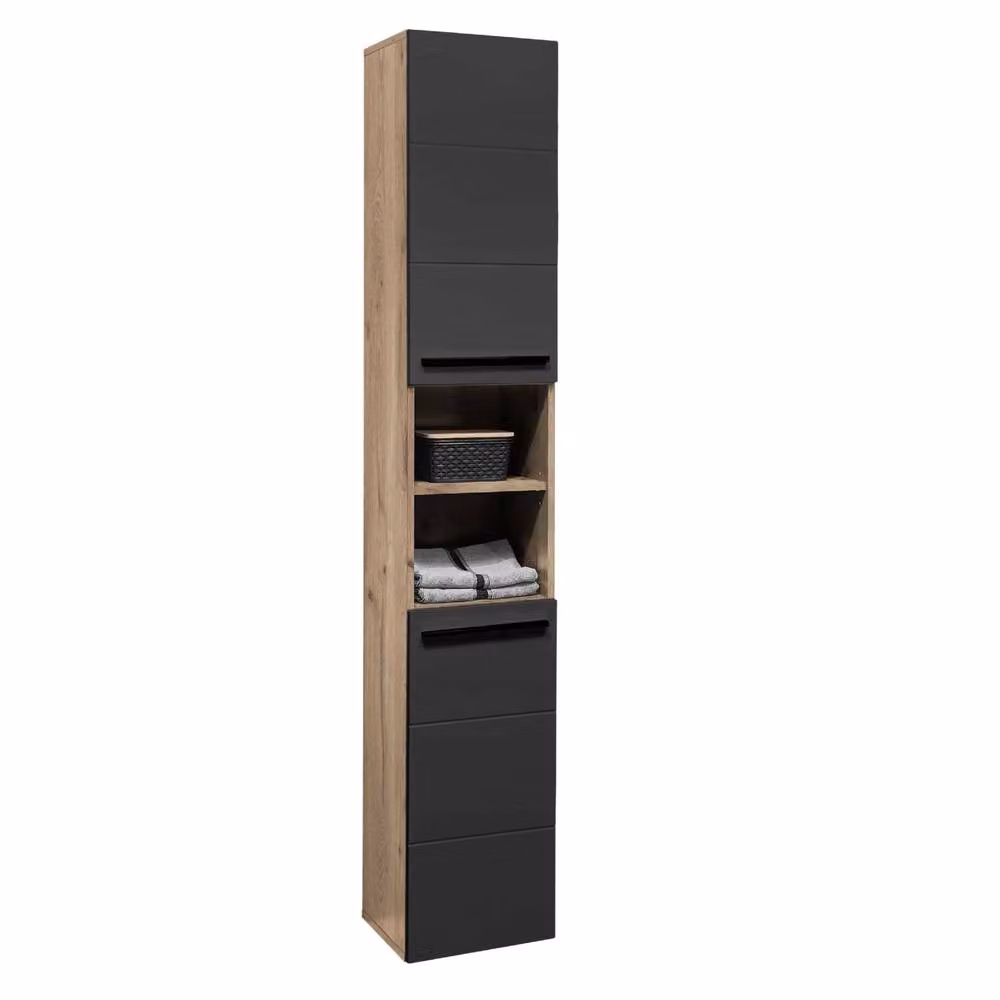 Cheshire Premium Summit Black Tall Bathroom Cabinet with Matt Wood Finish and Hinged Doors – 3
