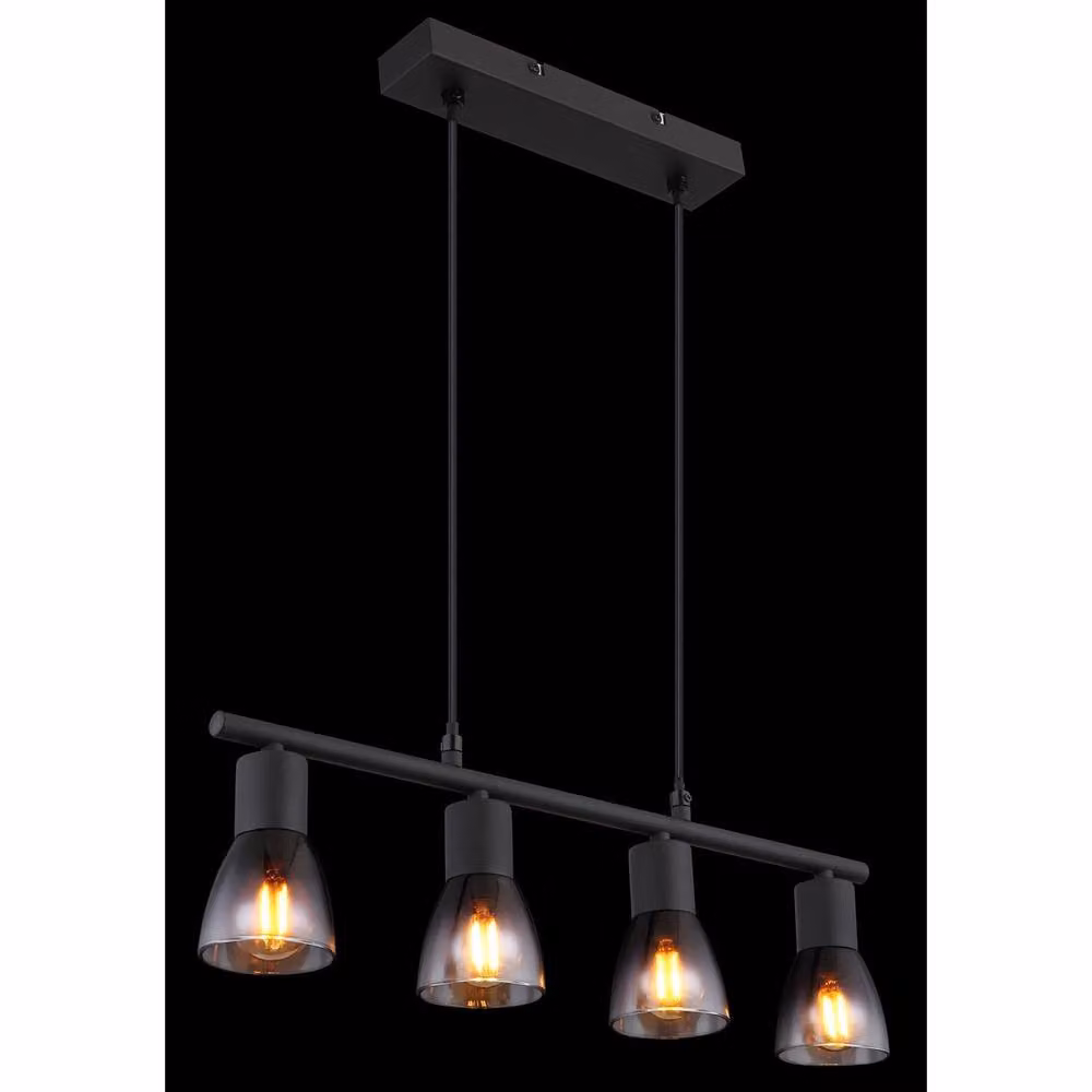 Netlighting Satella Bar Pendant Ceiling Light in Black with Smoke Grey Glass Shades, 4x E14, W/D/H: 120 x 52 x 25 cm – 4