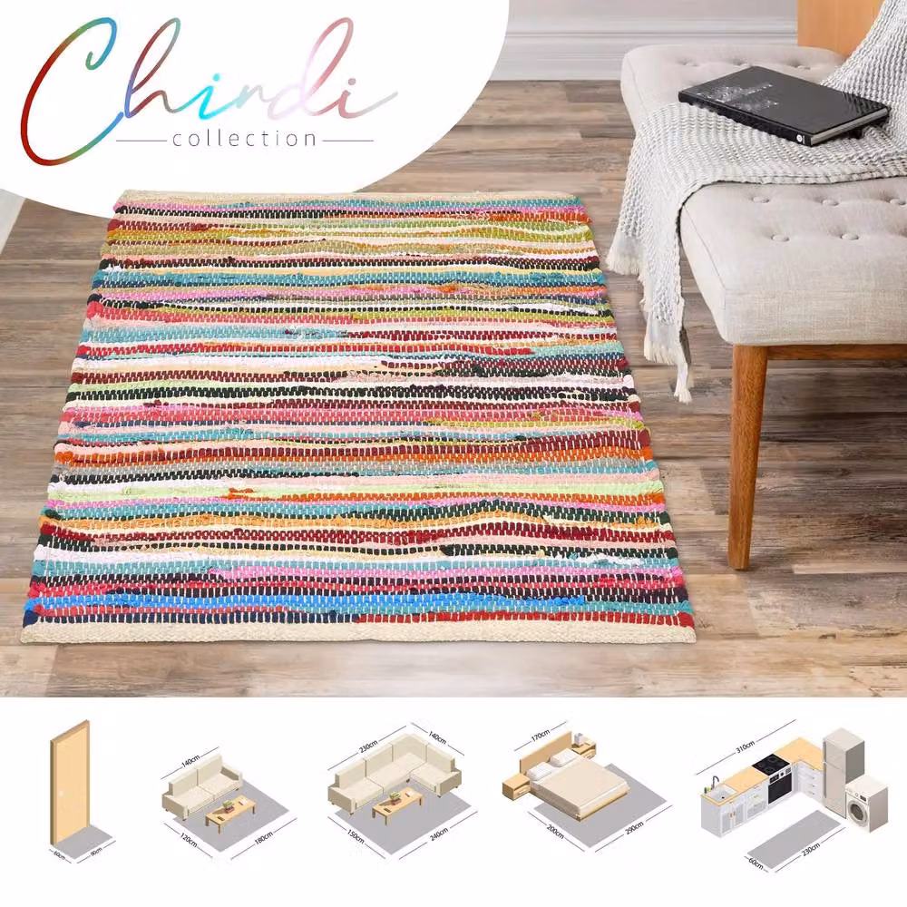 Bravich LTD Handwoven Cotton Chindi Rag Area Rug, Multicolour Striped Flat Weave Reversible, W: 90 cm, L: 150 cm – 2