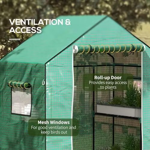 Outsunny Green PE Greenhouse Cover Replacement with Door and Mesh Windows, W: 140 cm, D: 73 cm, H: 190 cm – 5