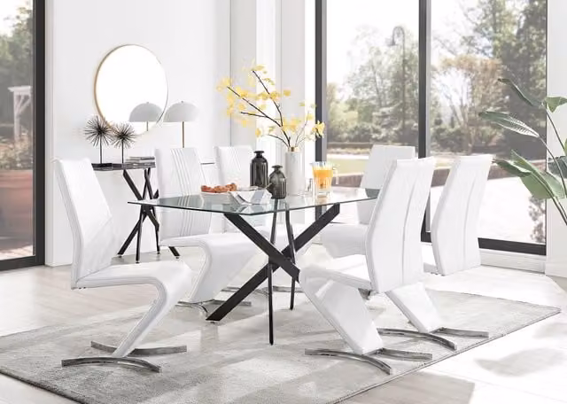FurnitureboxUK Leonardo Glass Dining Table with 6 Willow Chairs in Black and White