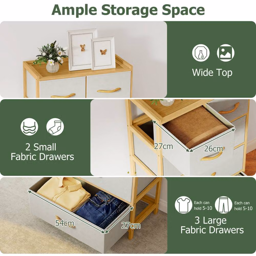 Gymax 5-Drawer Bamboo Vertical Chest of Drawers with Top Shelf in Light Beige – 2