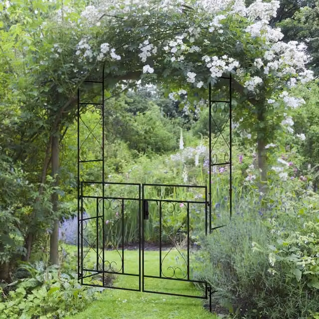 Outsunny Metal Garden Arch with Gates and Trellis in Black