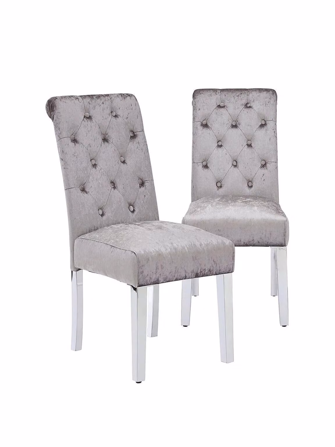 Pair of Silver Velvet Scroll Back Dining Chairs with Metal Legs