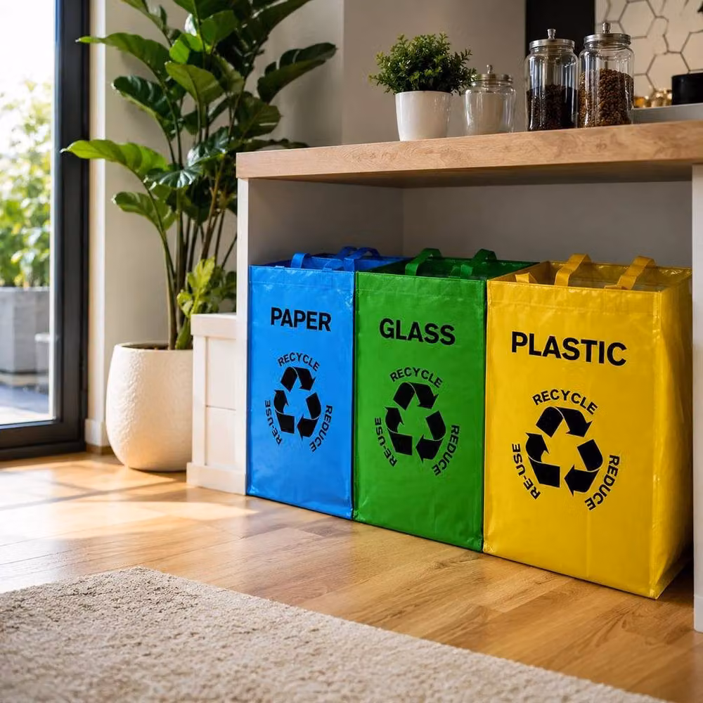 Hinsinc 3-Piece Reusable Colour Coded Recycling Bin Bags in Blue, 0.6m2 – 4