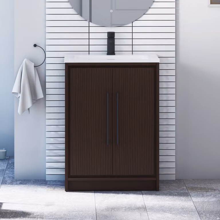 Livora 600mm Walnut Woodgrain Floor Standing 2 Door Bathroom Vanity Unit with Soft Close Doors