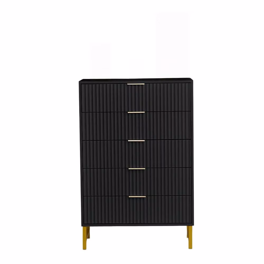 FURNITURE ONE Modern Black Chest of 5 Drawers Storage Cabinet with Gold Metal Legs, W: 120 cm, H: 80 cm, D: 40 cm – 5
