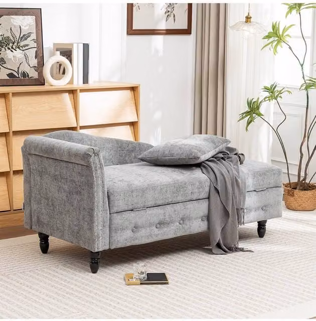 Living and Home Left Hand Facing Grey Chenille Chaise Lounge with Storage and Pillow