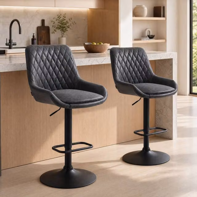 STILVORA Set of 2 Black Synthetic Leather Bar Stools with Adjustable Height and 360 Degree Swivel – 1