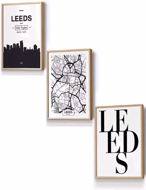 ARTZE Leeds Skyline Street Map City Print Framed Wall Art in Black, White or Beige, W: 33 cm, H: 45 cm, D: 0.2 cm