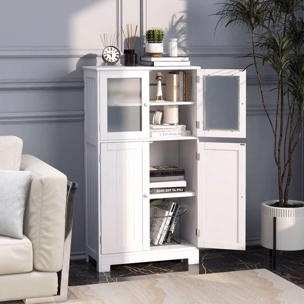KORVIXA Freestanding 4-Door Bathroom Floor Storage Cabinet in White with Glass Doors, W: 60 cm, H: 60 cm – 2
