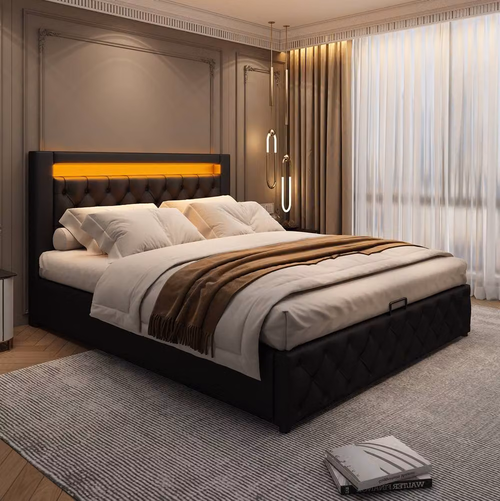 STILVORA Modern Upholstered Double Bed in Black Synthetic Leather with Storage and LED Under-bed Lighting, W/D/H: 135 x 190 cm – 2