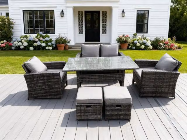 Fimous 6 Seater Dark Grey High Back Rattan Garden Furniture Set with Double Sofa, Dining Table and Stools