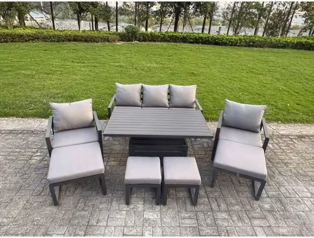 Fimous 9-Seater Aluminium Garden Sofa Set with Height-Adjustable Lifting Table, 2 Chairs and 4 Footstools in Matt Dark Grey