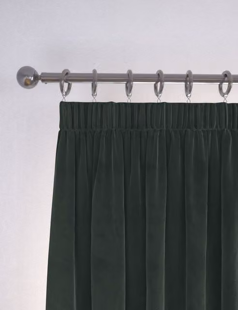 M&S Forest Green Velvet Pencil Pleat Thermal Insulating Opaque Curtains