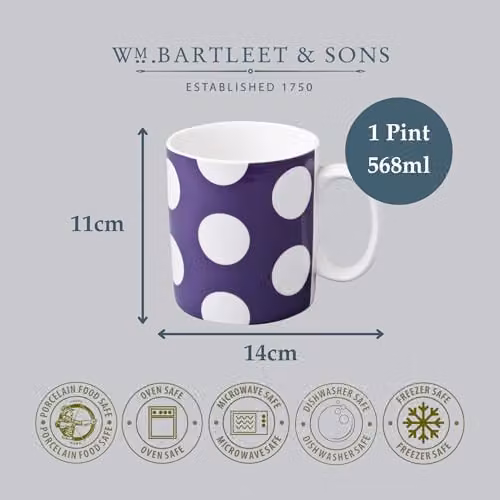 WM Bartleet & Sons 1750 Set of 4 Porcelain Mugs, 568ml, White and Purple Dotted – 6