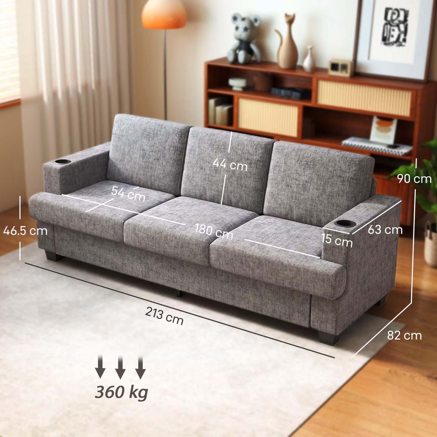 HOMCOM 3 Seater Grey Fabric Sofa with USB Charging Ports, Cup Holders and Removable Covers – 3